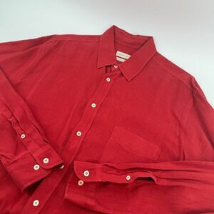 Massimo Dutti Mens 100% Linen Button Down Shirt Red Long Sleeve Size 44 XL